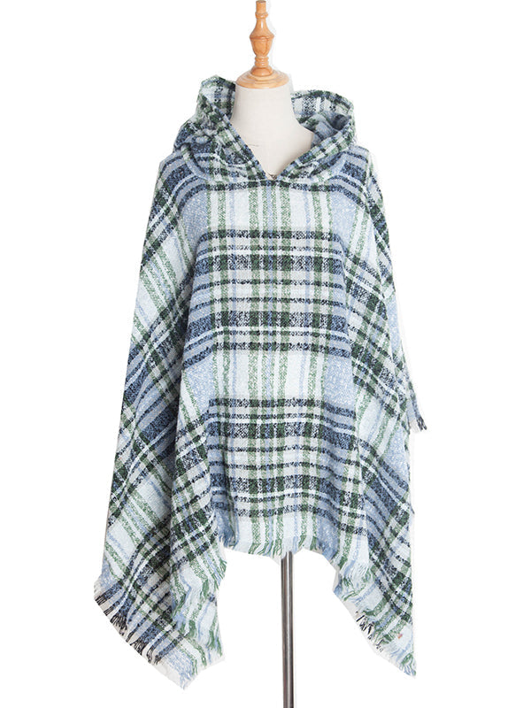 Fringed Hooded Keep Warm Plaid Shawl&Cloak Cape