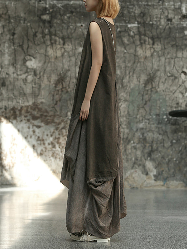 Pleated Split-Joint Loose Sleeveless Round-neck Maxi Dresses