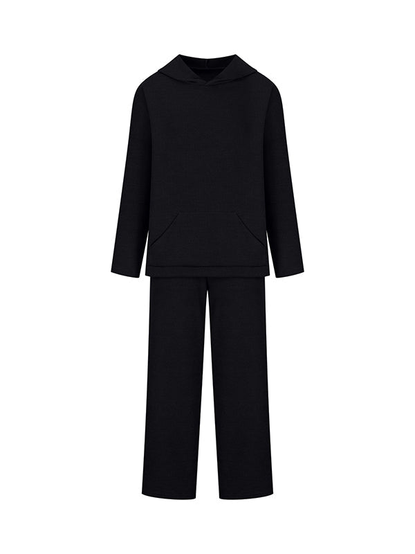 Solid Color Loose Round-Neck Hooded Long Sleeves Sweater Top + Drawstring Pants Bottom Two Pieces Set