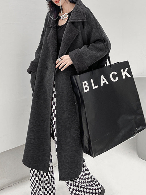 Buttoned Pockets Solid Color Velvet Long Sleeves Loose Lapel Woolen Coat