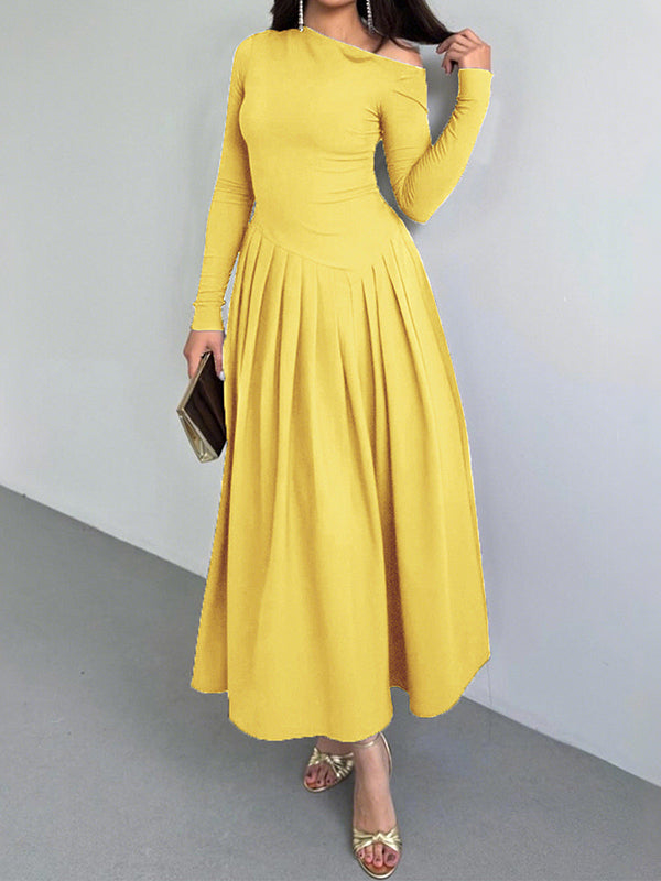 Asymmetric Pleated Solid Color Split-Joint A-Line Bodycon One-Shoulder Maxi Dresses