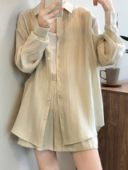 Loose Solid Color Long Sleeves Blouse + Pleated Shorts Two Pieces Set