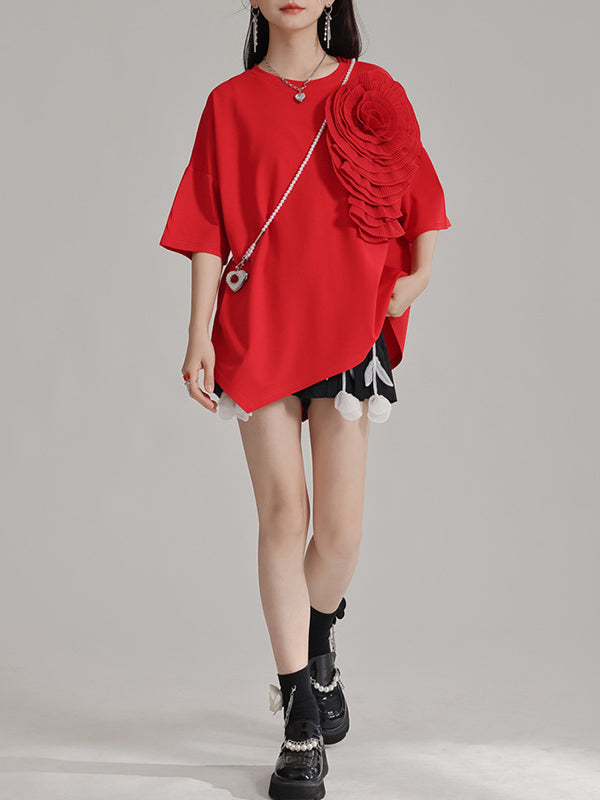 Asymmetric Solid Color Three-Dimensional Flower Loose Short Sleeves Round-Neck T-Shirts Tops