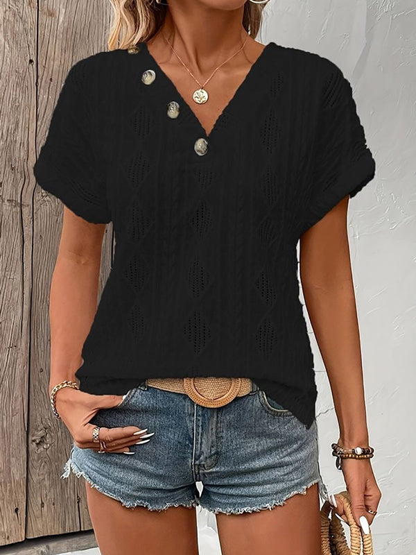 Buttoned Solid Color Loose Short Sleeves V-Neck T-Shirts Tops
