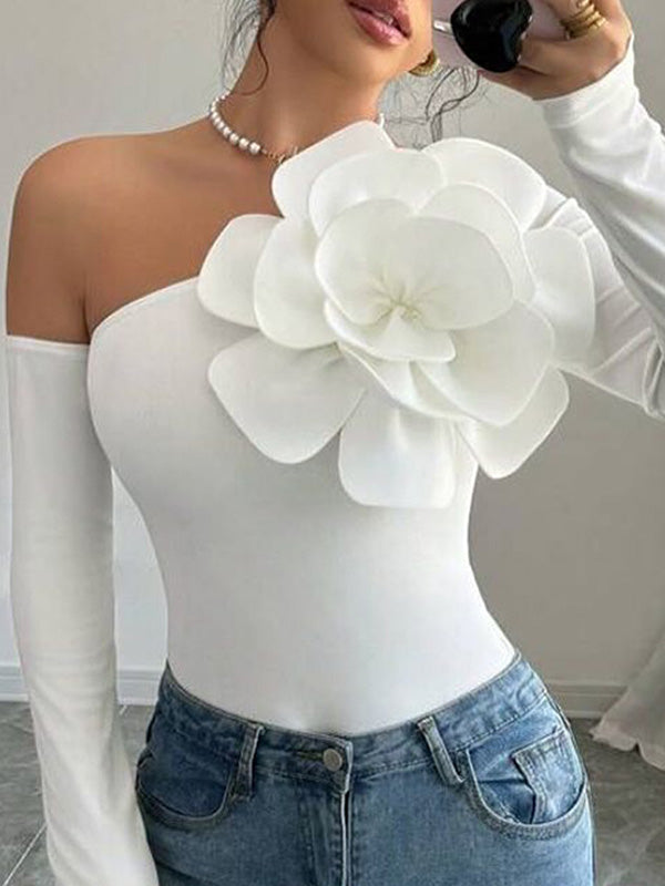 Solid Color Three-Dimensional Flower Long Sleeves Skinny One-Shoulder T-Shirts Tops