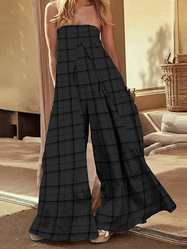 Elasticity Plaid Split-Joint Loose Sleeveless Off-The-Shoulder Jumpsuits