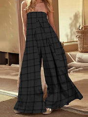 Elasticity Plaid Split-Joint Loose Sleeveless Off-The-Shoulder Jumpsuits