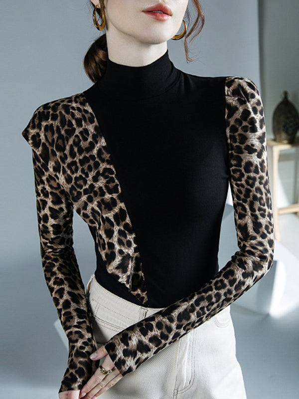 Leopard Split-Joint Long Sleeves Skinny High-Neck T-Shirts Tops
