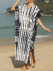 Printed Split-Side Sun Protection Loose Short Sleeves V-Neck Maxi Dresses