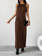 Solid Color Split-back Split-Joint Loose Sleeveless Round-neck Maxi Dresses