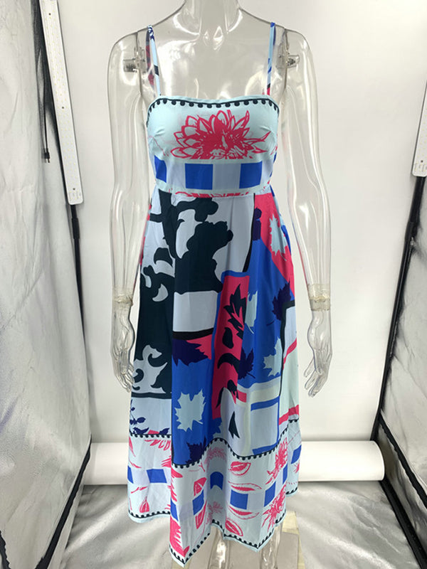 Pleated Printed Split-Joint High Waisted Sleeveless Collarless Slip Dress Midi Dresses
