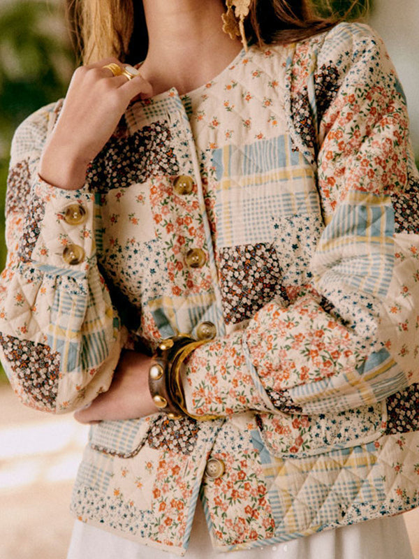 Buttoned Flower Print Pleated Pockets Quilted Split-Joint Long Sleeves Loose Round-Neck Padded Coat