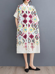 Buttoned Printed A-Line Loose Lapel Midi Dresses