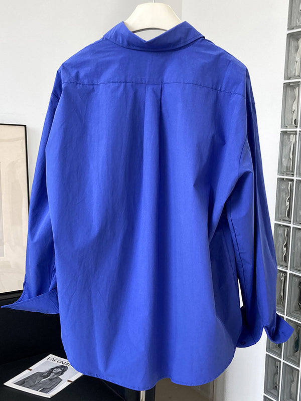 Simple Loose Long Sleeves Buttoned Solid Color Lapel Collar Blouses&Shirts Tops