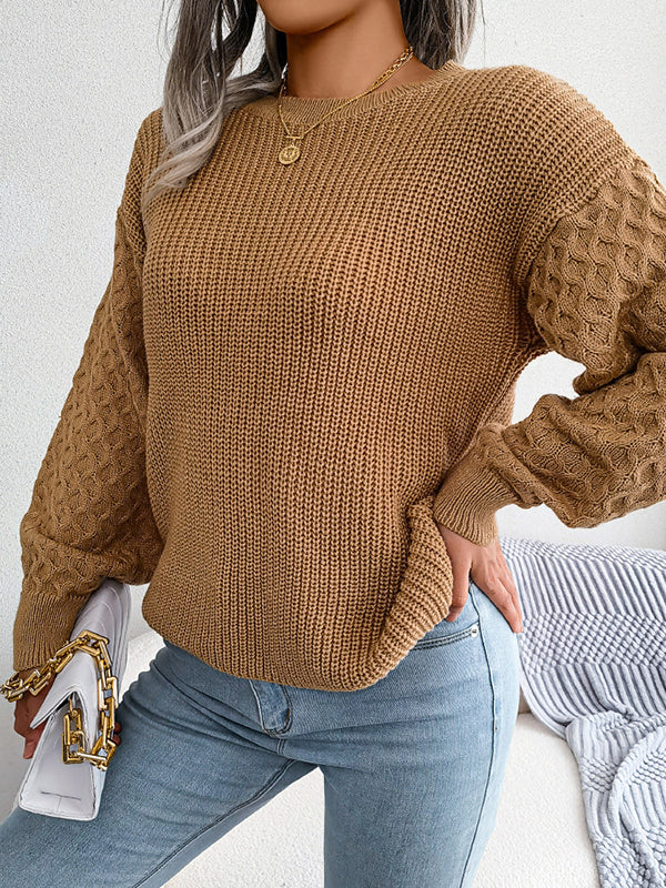 Cable Knit Solid Color Long Sleeves Loose Round-Neck Sweater Tops