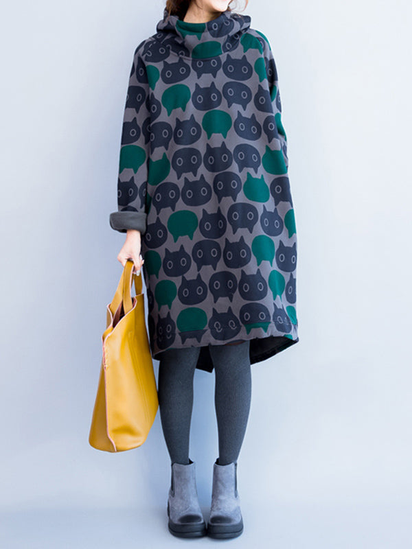 Animal Printed Quilted Split-back Velvet A-line High-low Hooded Sweatershirt Midi Dresses