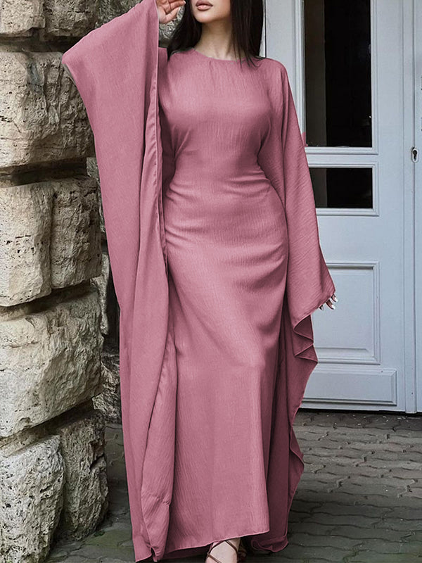 Solid Color Batwing Sleeves Long Sleeves Round-Neck Maxi Dresses