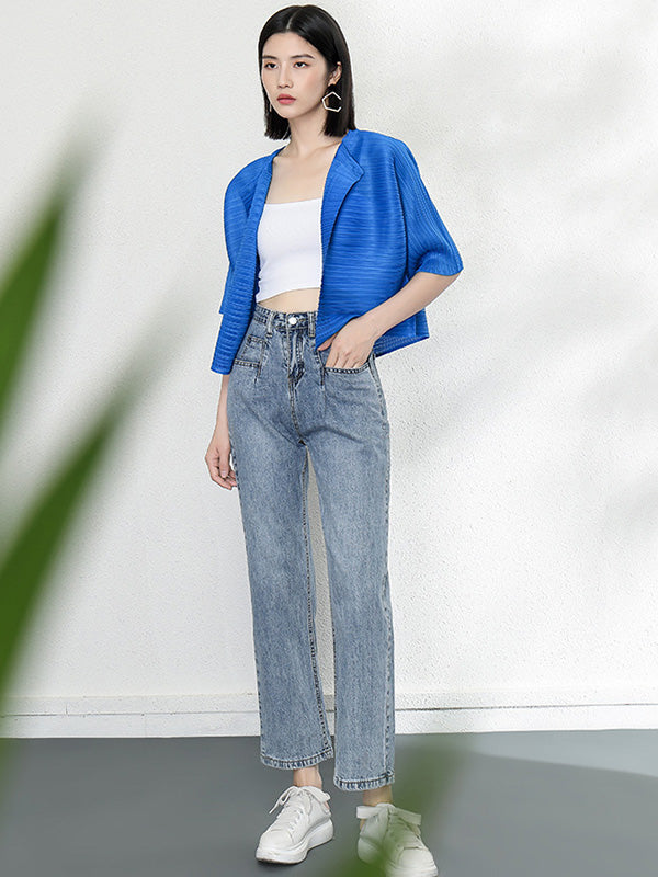 Casual Loose Half Sleeves Pleated Solid Color Outerwear