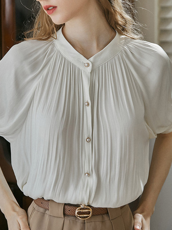 Buttoned Pleated Loose Puff Sleeves Round-neck Blouses&shirts Tops