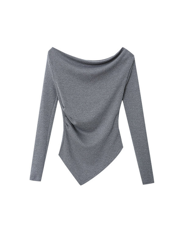 Asymmetric Solid Color Long Sleeves Off-The-Shoulder Shirts Top + High Waisted Pants Bottom Two Pieces Set