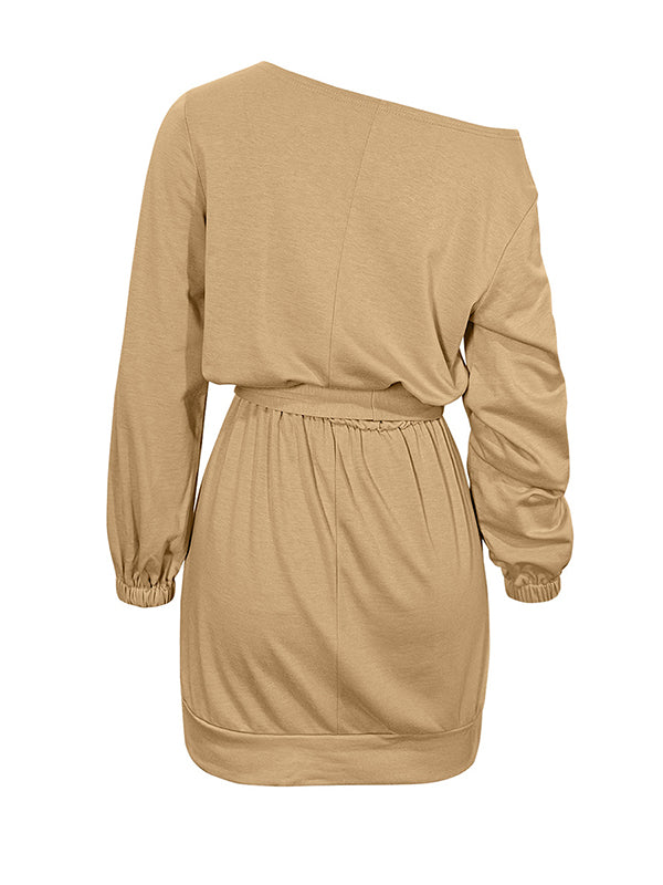 Elasticity Solid Color Tied Waist Long Sleeves Loose One-Shoulder Mini Dresses