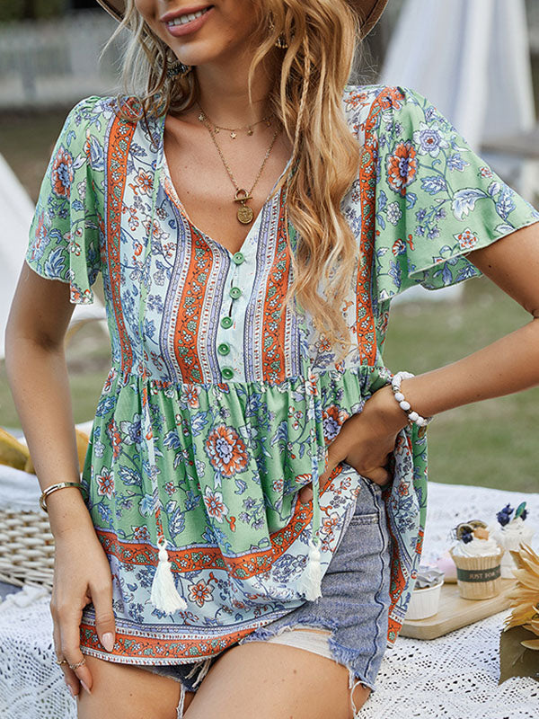 Buttoned Flower Print Split-Joint Tasseled Tied Loose Short Sleeves V-Neck T-Shirts Tops