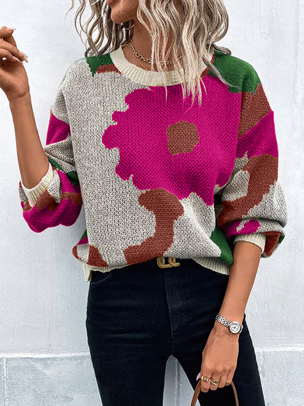 Asymmetric Knitted Flower Split-Joint Loose Puff Sleeves Round-Neck Sweater Tops