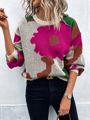 Asymmetric Knitted Flower Split-Joint Loose Puff Sleeves Round-Neck Sweater Tops