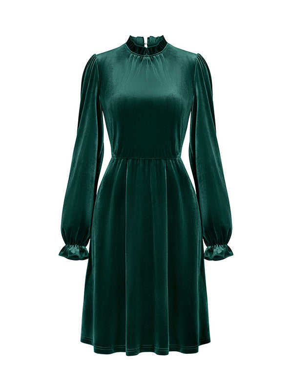 Hollow Ruffled Solid Color Velvet A-Line High Waisted Mock Neck Mini Dresses
