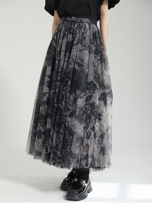Gauze Pleated Printed Split-Joint A-Line Loose Skirts
