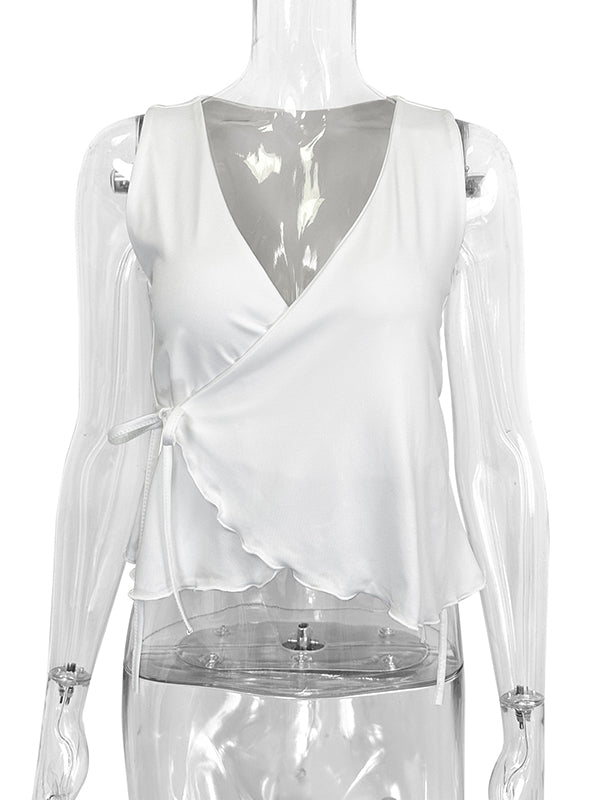 Solid Color Tied Loose Sleeveless V-Neck Vest Top