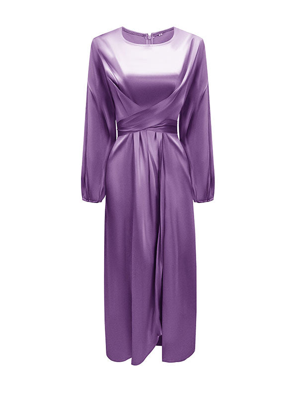 High-Waisted Solid Color Tied Waist Zipper Wrap Round-neck Maxi Dresses