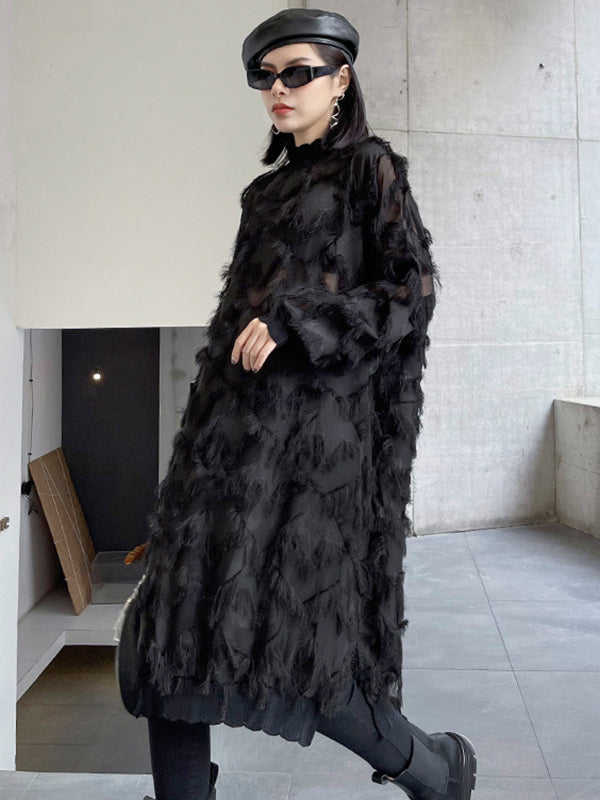Asymmetric Mesh Pockets See-Through Solid Color Split-Joint Tasseled Irregularity Long Sleeves Stand Collar Midi Dresses