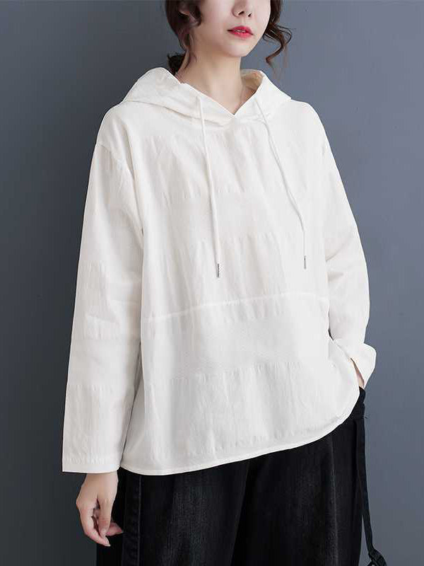 Drawstring Hooded Solid Color Split-Joint Long Sleeves Loose Round-Neck Hoodies Tops