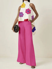 High-Low Loose Floral Printed High-Neck Vest Top