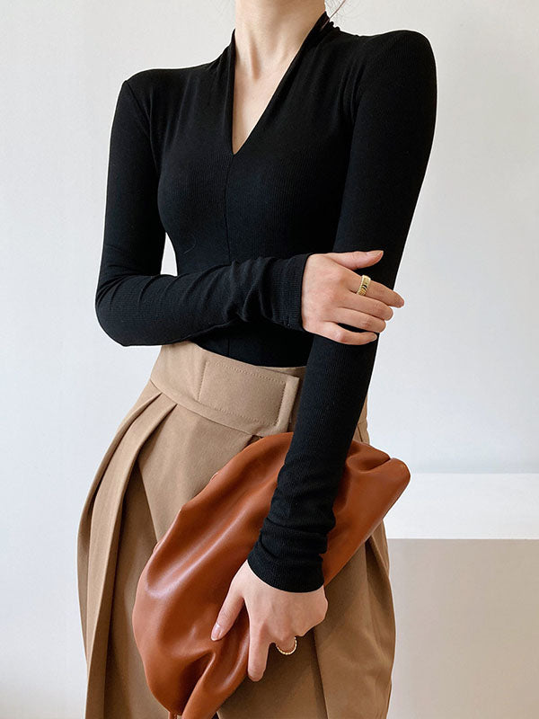 Solid Color Long Sleeves Skinny V-Neck T-Shirts Tops