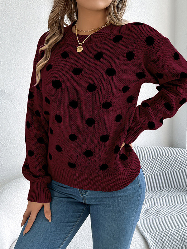 Contrast Color Polka-Dot Long Sleeves Loose Round-Neck Sweater Tops Pullovers