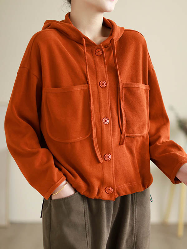 Buttoned Drawstring Pockets Solid Color Hooded Long Sleeves Outerwear