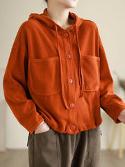Buttoned Drawstring Pockets Solid Color Hooded Long Sleeves Outerwear