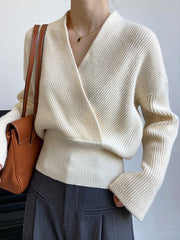 Casual Long Sleeves Loose Solid Color Cross V-Neck Sweater Tops
