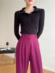 Casual Skinny Loose Solid Color Lapel Collar Pullovers