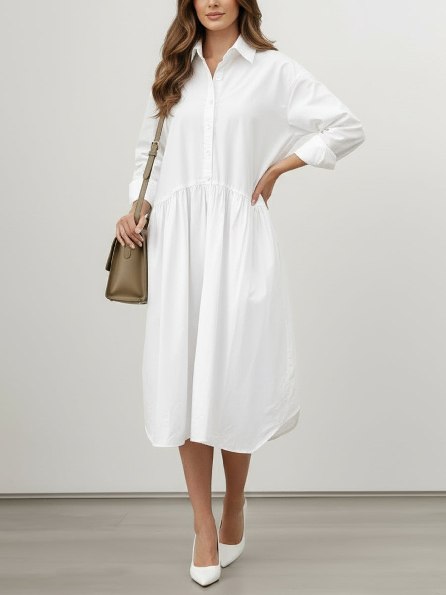 Buttoned Pleated Solid Color Split-Joint Long Sleeves Loose Lapel Midi Dresses