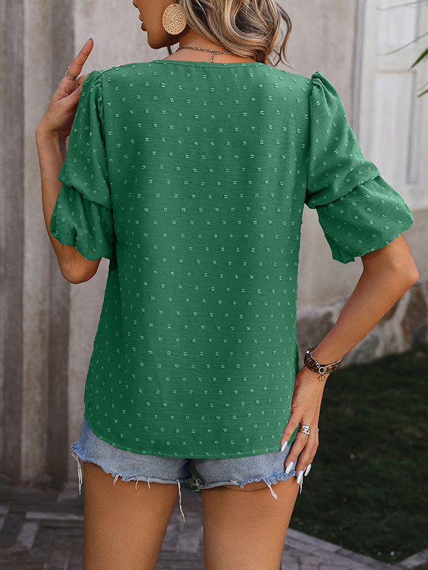 Jacquard Solid Color Puff Sleeves Wrap V-Neck T-Shirts Tops