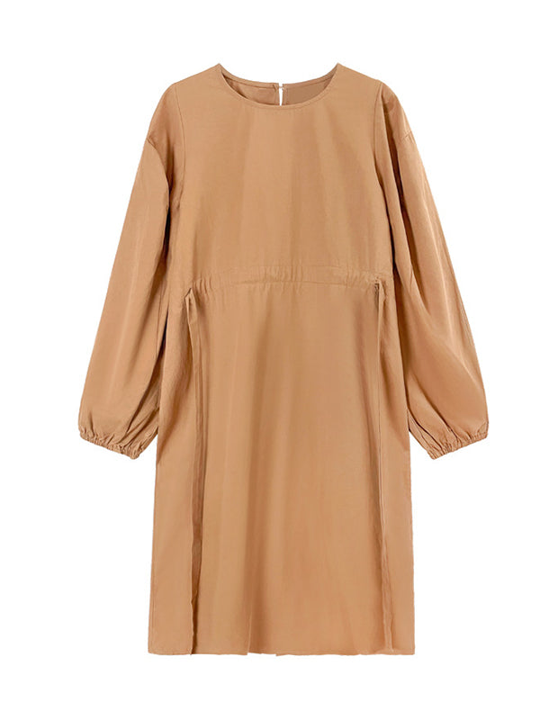 Elasticity Pleated Solid Color A-line Long Sleeves Round-neck Midi Dresses