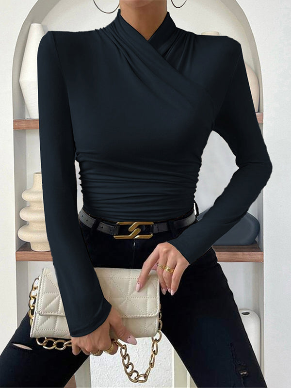 Pleated Solid Color Long Sleeves Skinny Mock Neck T-Shirts Tops