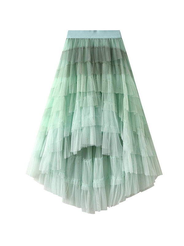 Contrast Color Elasticity Gauze Gradient Pleated Split-Joint Tiered A-Line High-Low Skirts