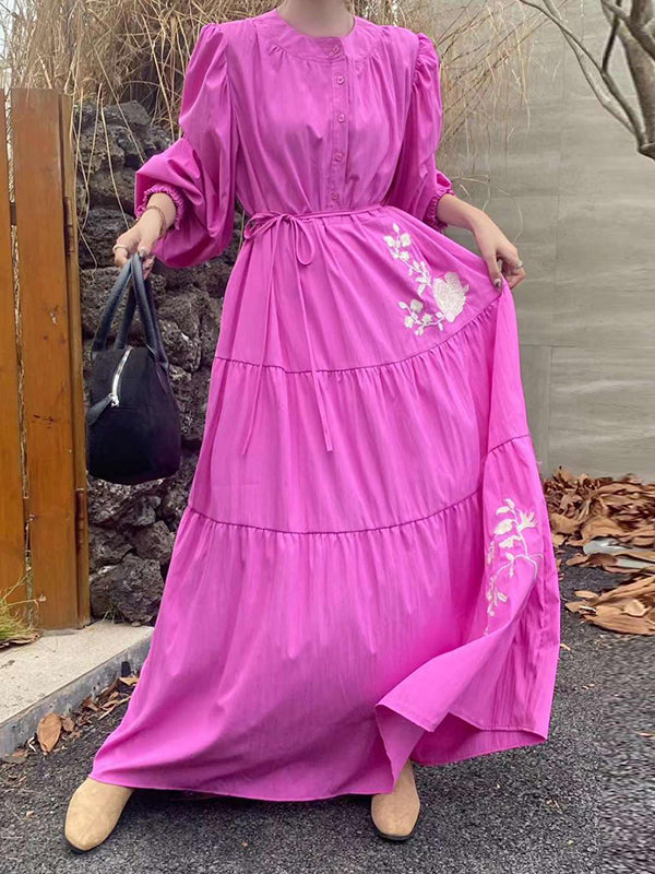 Buttoned Embroidered Pleated Pockets Split-Joint Tied Waist High Waisted Long Sleeves Round-Neck Maxi Dresses