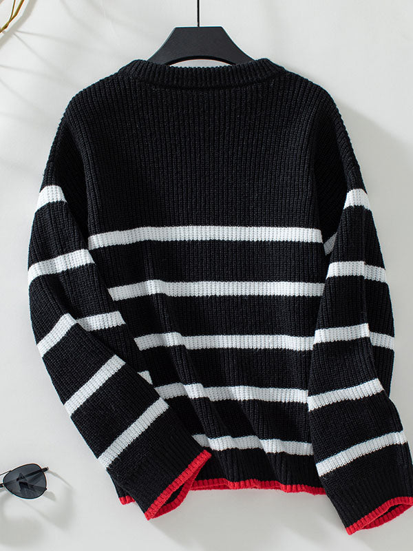 Contrast Color Split-Joint Striped Long Sleeves Loose Round-Neck Sweater Tops Pullovers