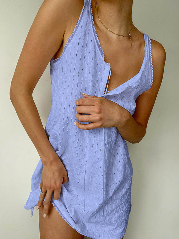 Solid Color Split-side Tied Loose Sleeveless V-neck Mini Dresses