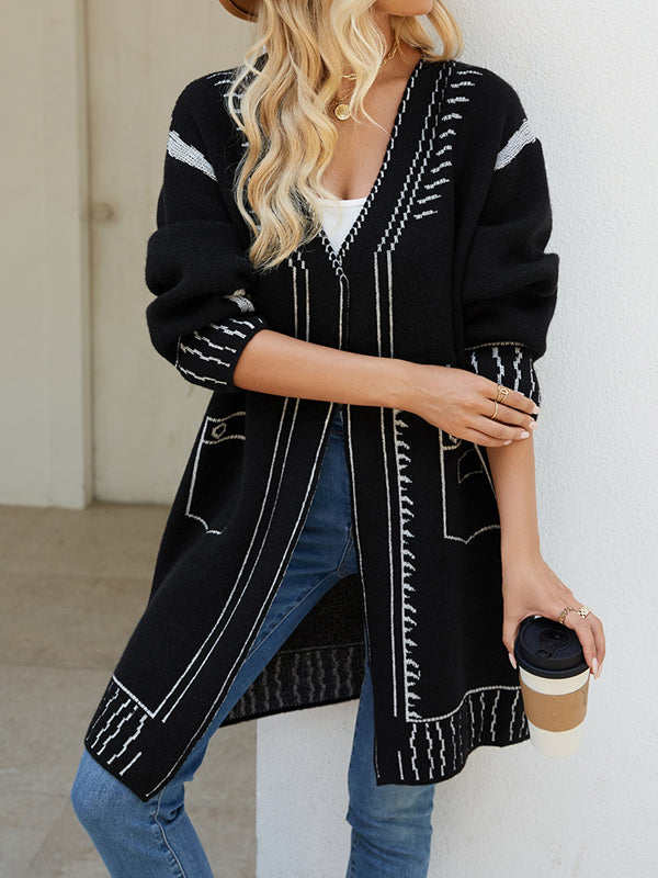 Jacquard Split-Joint Long Sleeves Loose V-Neck Cardigan Tops
